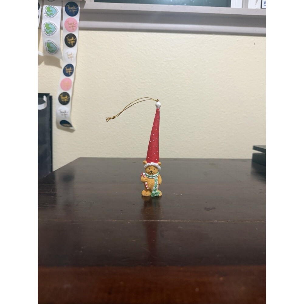 Vintage Teddy Bear in Long Santa Hat Christmas Ornament With Candy Cane